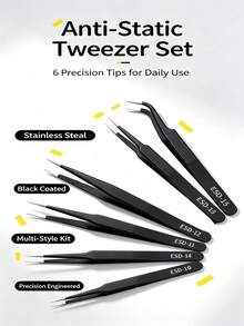 ESD Anti-Static Tweezers Set, 6pcs Stainless Steel Precision Tweezers, Curved And Straight Fine Point Tips, Suitable For Electronic Repair, Nail Art, DIY Crafts - Black - View 5