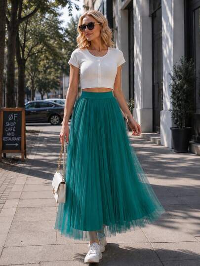 Rok A-Line Jala Lipit Elegan LuminousWealth Wanita Musim Gugur/Dingin 2026, Rok Panjang Sedang, Cocok untuk Pakaian Kasual atau Kantor, Minimalis dan Elegan | Rok Jala Poliester, Cocok untuk Semua Musim, Sehari-hari, Pesta, Kostum Halloween Wanita, Natal