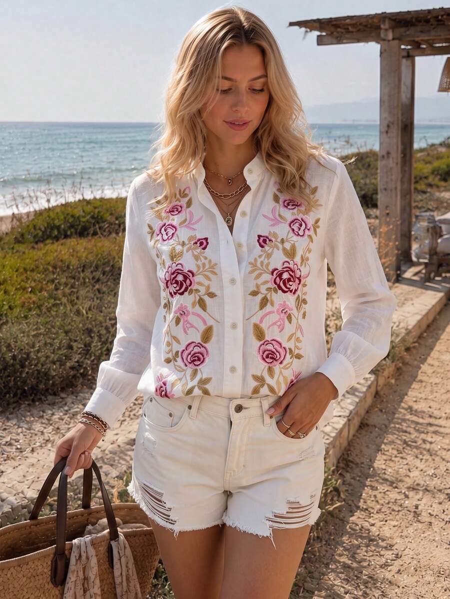 Women's White Floral Embroidered Stand Collar Long Sleeve Button Front Shirt Casual Business Office Home Vacation Spring Autumn Winter - White - View 1