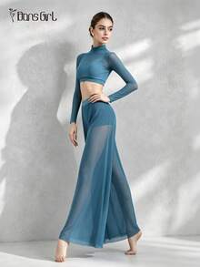 DonsGirl Women's High Neck Cropped Top & Ultra Soft Elastic Mesh Wide Leg Pants Set, 2-Piece, Suitable For Modern Ballet, Aerial Yoga And Daily Wear - Blue - View 3