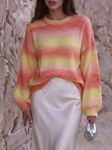 FOR BEAUTY Fall Winter Women Sweaters Y2K Chic Ombre Striped Crewneck Knit Tops Sunset Gradient Loose Pullover Lantern Sleeve Date Brunch Outfits - Multicolor - View 5