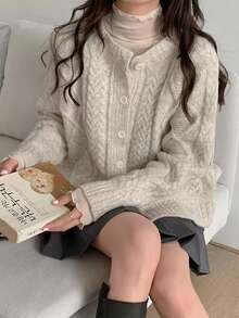 Women's Soft Fluffy Cable Knit Cardigan Sweater, Loose Slouchy, Autumn/Winter - Picture Color - View 2