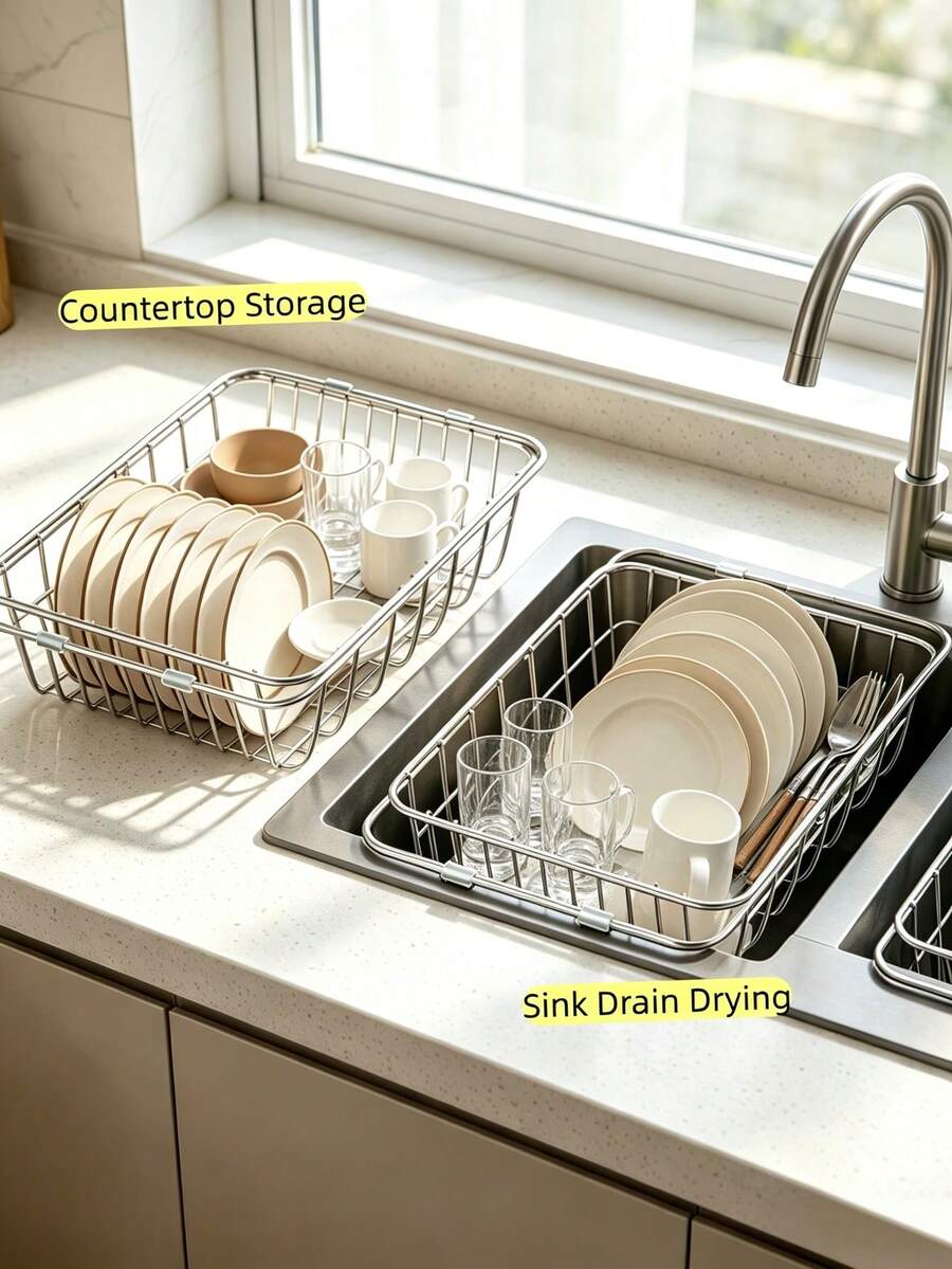 Kệ lưu trữ bồn rửa bát đa năng bằng thép không gỉ, kệ phơi bát đĩa trên mặt bếp, kệ lưu trữ dụng cụ rửa bát và bộ đồ ăn tại khu vực bồn rửa, giải pháp lưu trữ nhà bếp tiết kiệm diện tích, phù hợp cho các vật dụng thiết yếu trong bếp, trang trí nhà mùa thu, trang trí Halloween, trang trí nhà Giáng sinh, phụ kiện trang trí nhà bếp