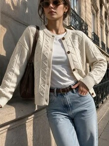女款素色紋理針織開襟外套，休閒日常穿著前開扣夾克，極簡長袖秋冬款 - 米色 - 查看 6