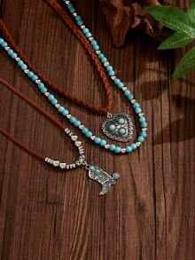 3pcs/Set Western Cowboy Style Turquoise Bead Brown Rope Heart Cowboy Boot Pendant Layered Necklace, Fashionable Personalized Women's Neck Jewelry Suitable For Daily Wear, Outings And Parties, Turquoise Pattern Is Not Fixed - Multicolor - View 3