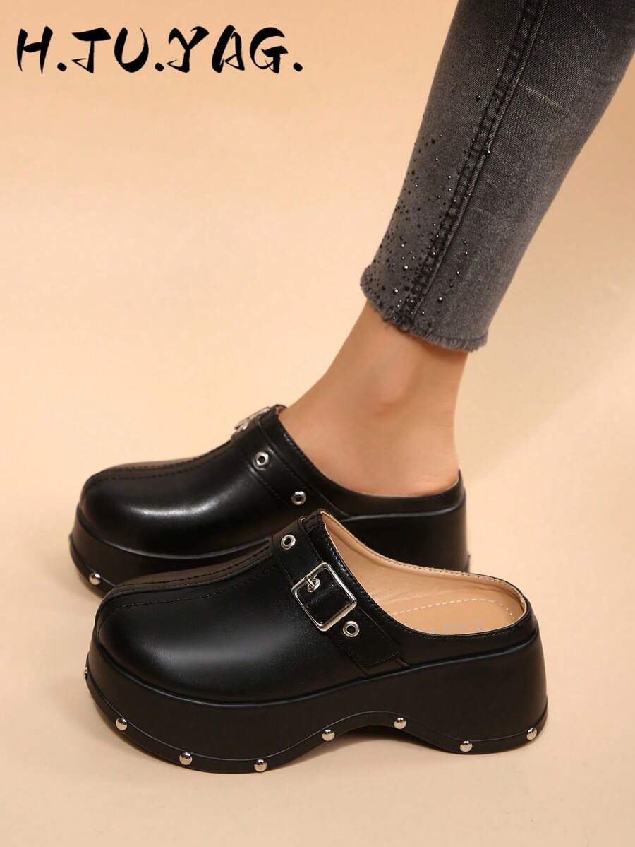 Women's Metal Square Buckle Rivet Thick Sole Mule Slippers, Closed Toe Backless Casual Slouchy Half-Slip-On Shoes - Black - View 1