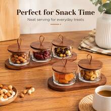 1pc Wooden Tray & Glass Bowl Set With Lid, Multi-Compartment Storage Container For Nuts, Candies And Desserts, Home Kitchen Tabletop Decor - Maroon - View 4
