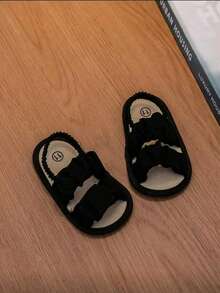 1 Pair Girls Elastic Pleated Design Flat Casual Comfortable Fabric Sandals, Suitable For Summer Wear - Black - View 4