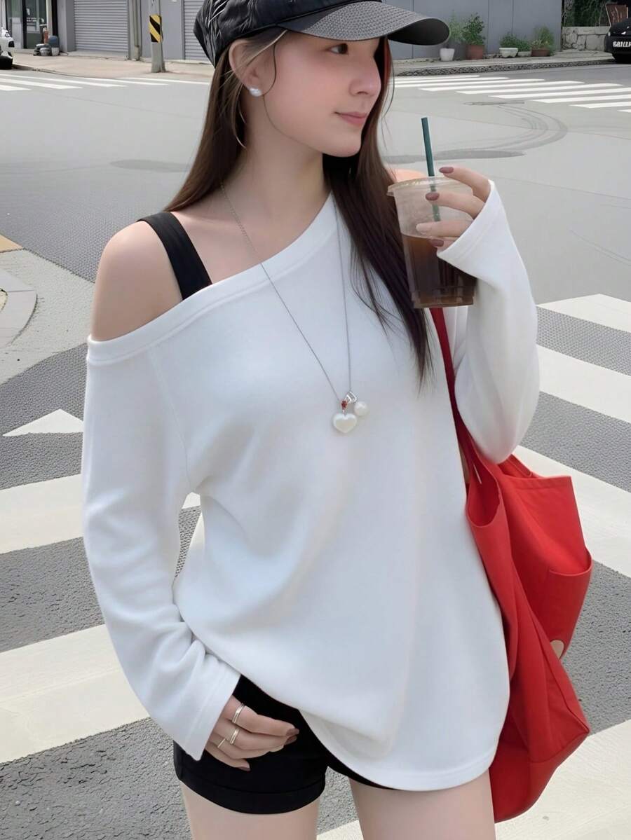 Korean Style Relaxed Fit Colorblock Backless T-Shirt Women Loose Asymmetric Shoulder Long Sleeve Early Autumn Niche Design Slimming Top Casual - White - View 1