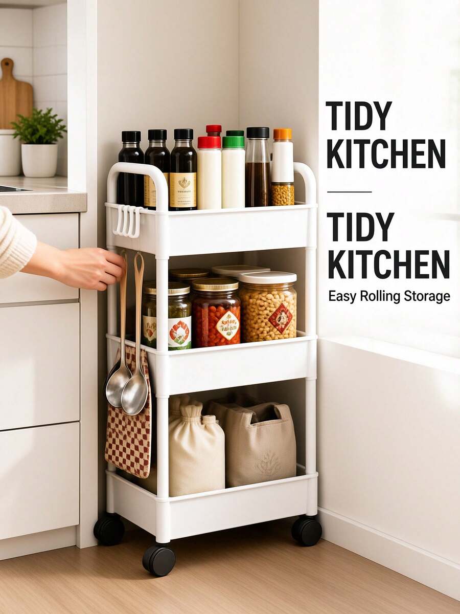 Multi-Layer Movable Storage Cart. Compact Space-Saving Design, Sturdy Plastic Structure, Suitable For Kitchen, Bathroom, Bedroom, Office, Warehouse, Garage - Easy To Assemble, Multi-Functional Multi-Layer Storage Rack, Home Storage Organizer - Multicolor - View 1