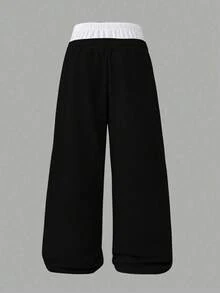 Men's Black Gothic Pattern Double Waistband Loose Sweatpants, Y2K Street Style, Suitable For Daily Wear, Party And Hip-Hop Street Looks - Black - View 3