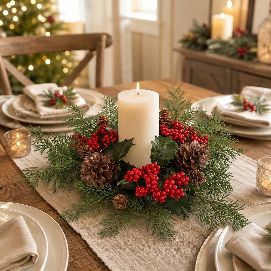 1PC Christmas Candle Holder Wreath Living Room Tabletop Artificial Pine Needle Decor Aromatherapy Candle Holder (Candle Not Included) - Multicolor - View 1