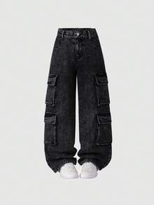 1pc Girls Straight Leg Cargo Denim Jeans, Multi-Pocket Design, Casual Wide Leg Long Pants, Outdoor Minimalist Outfit - Grey - View 3