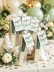1/5/10pcs Elegant Green Wedding Folding Fan Set, Includes Tags And Gift Bags, Bride Bamboo Handheld Folding Fan, Suitable For Bridesmaid Gifts, Wedding Decor And Party Events, Perfect Summer Accessory - Multicolor - View 2