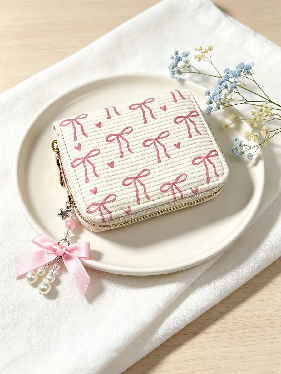 Women's Bowknot Polka Dot Short Card Holder Coin Purse Cute Girly Style Student Portable Small Wallet - White - View 1