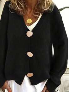 Cardigan Rajut Kasual Lengan Panjang Model Bahu Longgar Warna Polos untuk Wanita Ukuran Plus, Sweater Kancing Berbentuk Kerikil untuk Musim Gugur/Dingin - Hitam - View 2