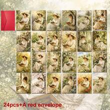 24pcs + 1 Red Envelope Elegant Pastoral Style Holiday Postcards, Woman Reading In Garden, Text "Reading Is A Journey", Suitable For Friends, Spring Festival, Vintage Oil Painting Style - Sets - View 13