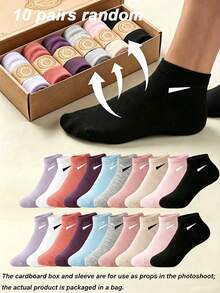20 Pairs Women's Solid Candy Color Boat Socks, Sweet Absorbent Breathable Invisible Socks, Suitable For Daily, Sports, College Style, All Seasons, Random Color, Optional 1 Pair/10 Pairs/20 Pairs - Multicolor - View 10
