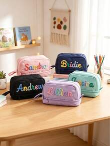1pc Personalized Customized Name Pencil Case, Embroidered Large Capacity Pen Bag, Multi-Compartment Stationery Organizer, Suitable For School, University And Office, Thoughtful Christmas Gift, Women's Wedding Favor - Multicolor - View 3