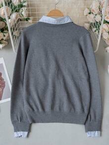 Women's 2-In-1 Striped Shirt & Knit Cardigan With Collar, Small Heart Embroidery, Slimming Thin Long Sleeve Jacket, Commuter Preppy Style - Grey - View 8