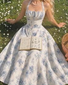 Women Midi Dresses - Blue and White - View 1