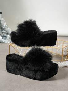 2026 New Women Fluffy Fuzzy Platform Slippers Open Toe Thick Sole Plush Slide Sandals For Indoor Outdoor - Black - View 5