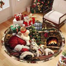 1 buah Karpet Bundar Bergambar Santa Claus dan 5 Anak Anjing, Natal, Alas Lantai, Dekorasi Rumah, Karpet Area, Alas Luar Ruangan, Dekorasi Rumah, Karpet Area, Karpet Kamar Tidur, Karpet yang Dapat Dicuci - MultiWarna - View 2