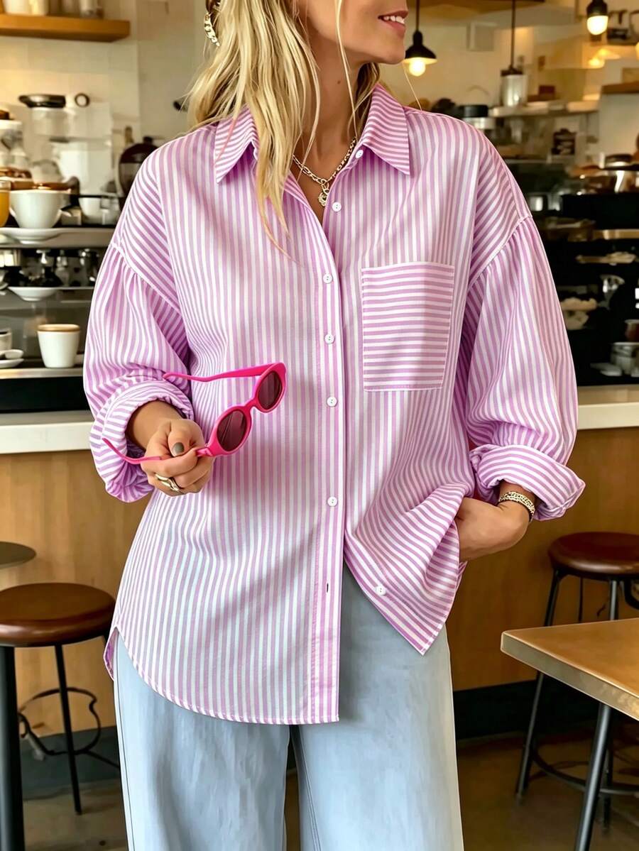 Plus Size Women's Striped Print Button-Up Shirt With Pockets, Autumn/Winter Fashion Casual Commute Blouse - Pink - View 1
