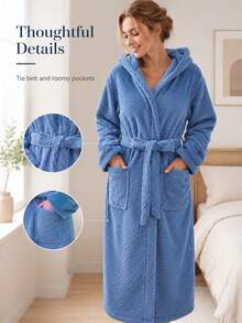 Coral Fleece Long Bathrobe For Women, Multi-Color Optional, With Hat Belt And Pocket, Fluffy, Soft And Warm, Unisex Bath Towel Bathrobe - Multicolor - View 5