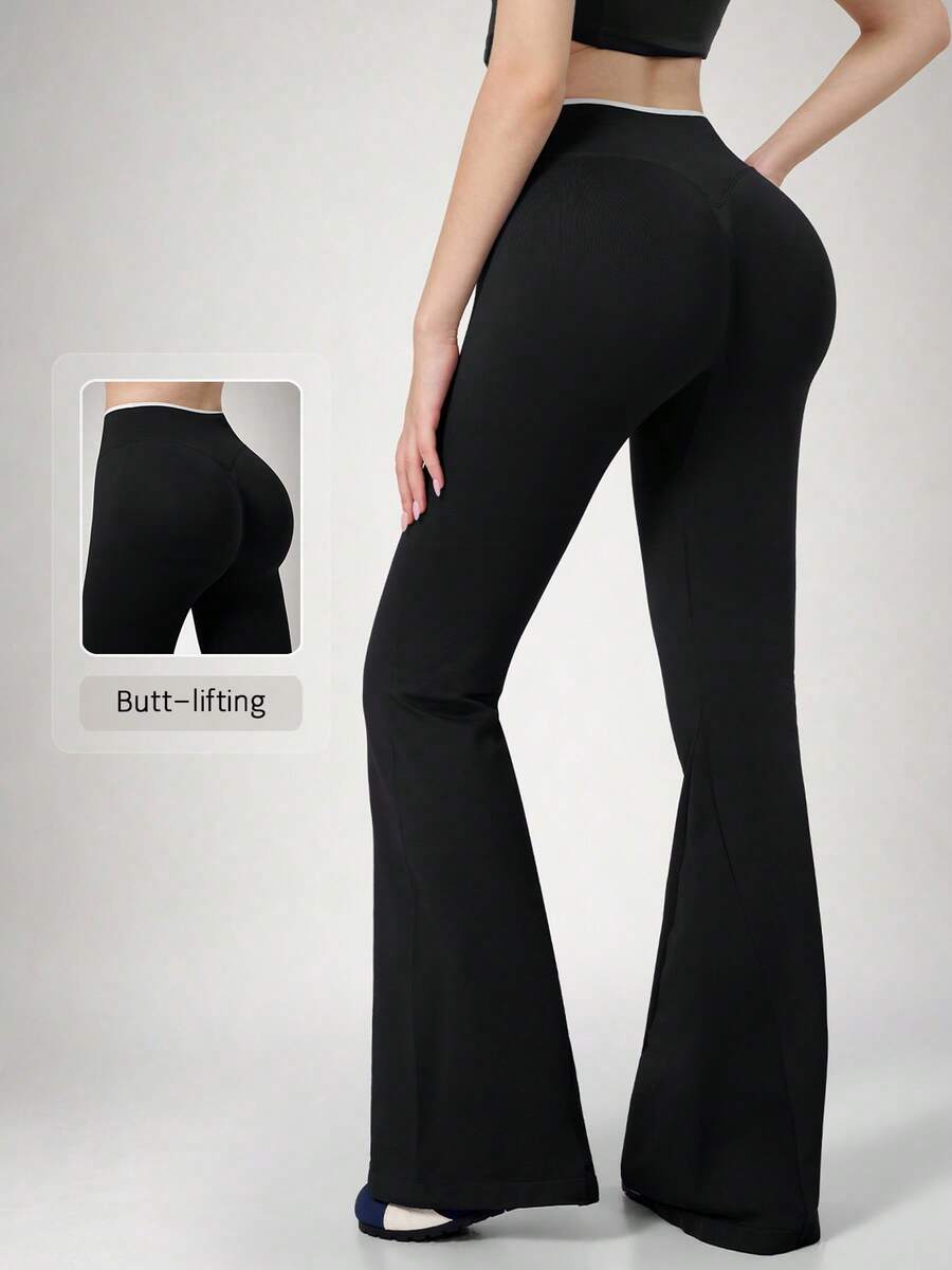 NcmRyu 女款 1 件裝拼色白色飾邊腰部無縫跑步健身訓練喇叭瑜伽褲 - 黑色 - 查看 1
