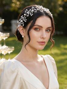 1pc Elegant Pearl & Rhinestone Decorated Headband, Wedding Hair Accessory For Bride And Bridesmaid, Celebration Party Outfit - Silver - View 6