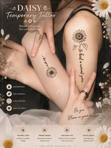 Sunflower & Botanical Quote Temporary Tattoos For Women, Black Floral Fine Line Tattoo Stickers, Waterproof Long-Lasting Body Art For Arms, Wrists, Shoulders, Festivals, Vacations & Everyday Style - Multicolor - View 4