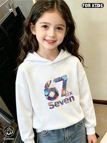 Kids Hooded Sweatshirt With Colorful Geometric '67 Six Seven' Print, Loose Fit Breathable Casual Style For Spring Autumn Daily Wear & Outdoor Activiti - White - View 1