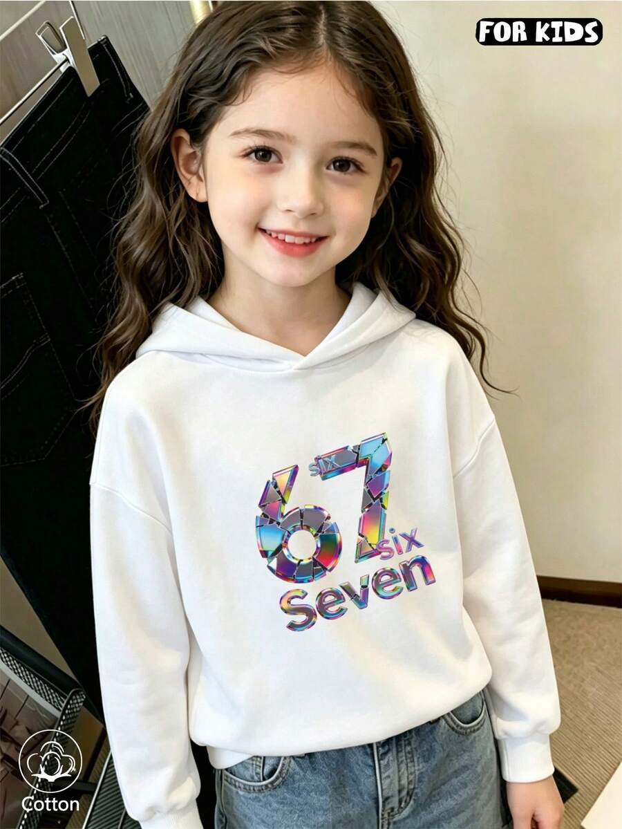 Kids Hooded Sweatshirt With Colorful Geometric '67 Six Seven' Print, Loose Fit Breathable Casual Style For Spring Autumn Daily Wear & Outdoor Activiti - White - View 1
