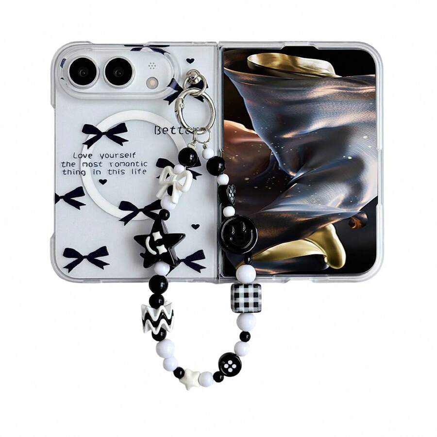 keshengtai Matte Transparent Bow Pattern Magnetic Phone Case With Wrist Strap, Supports Wireless Charging, Hard PC Back Plate Protective Phone Cover, Compatible With IPhone Duo - White - View 1