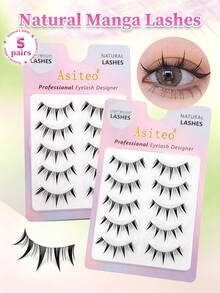 Asiteo Manga Lashes 5對裝 全條假睫毛 漫畫風動漫Cosplay假睫毛 透明睫毛梗 - 黑色 - 查看 1