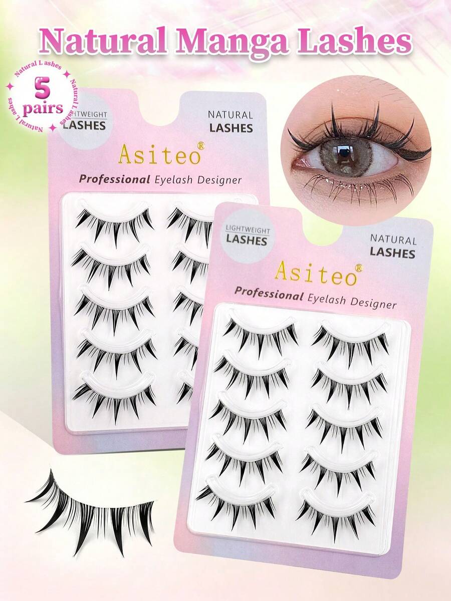 Asiteo Manga Lashes 5對裝 全條假睫毛 漫畫風動漫Cosplay假睫毛 透明睫毛梗 - 黑色 - 查看 1