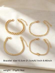 Gold Chain Bracelet Set For Women, Dainty Stackable Bracelets With Cuban Link, Herringbone, Heart Charm & Paperclip Chain, Layered Jewelry - Yellow Gold - View 2