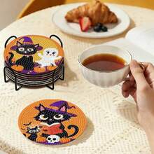 Halloween Spooky Diamond Art Craft Kit, 8Pcs DIY Handmade Diamond Painting Coasters, Black Cat Ghost Pumpkin Design Table Coaster Supplies For Halloween Holiday Gift - Sets - View 5