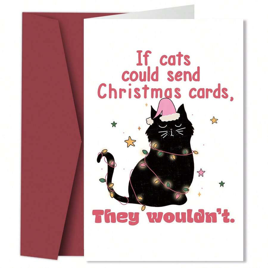 1pc Humorous Black Cat Christmas Card With Envelope, Funny Holiday Greeting Card, Suitable For Cat Lovers, Christmas Greeting Card For Friends And Family - A - View 1