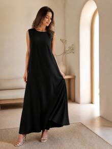 Solid Color Pearlescent Round Neck Sleeveless Minimalist Casual Tank Dress - Black - View 6