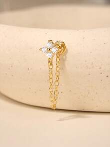 1pc 925 Sterling Silver Clover Tassel Zirconia Nose Stud, Hypoallergenic Cartilage Piercing Jewelry, Unisex Nose Ring, Suitable For Daily Wear And Gift Giving - Gold - View 2