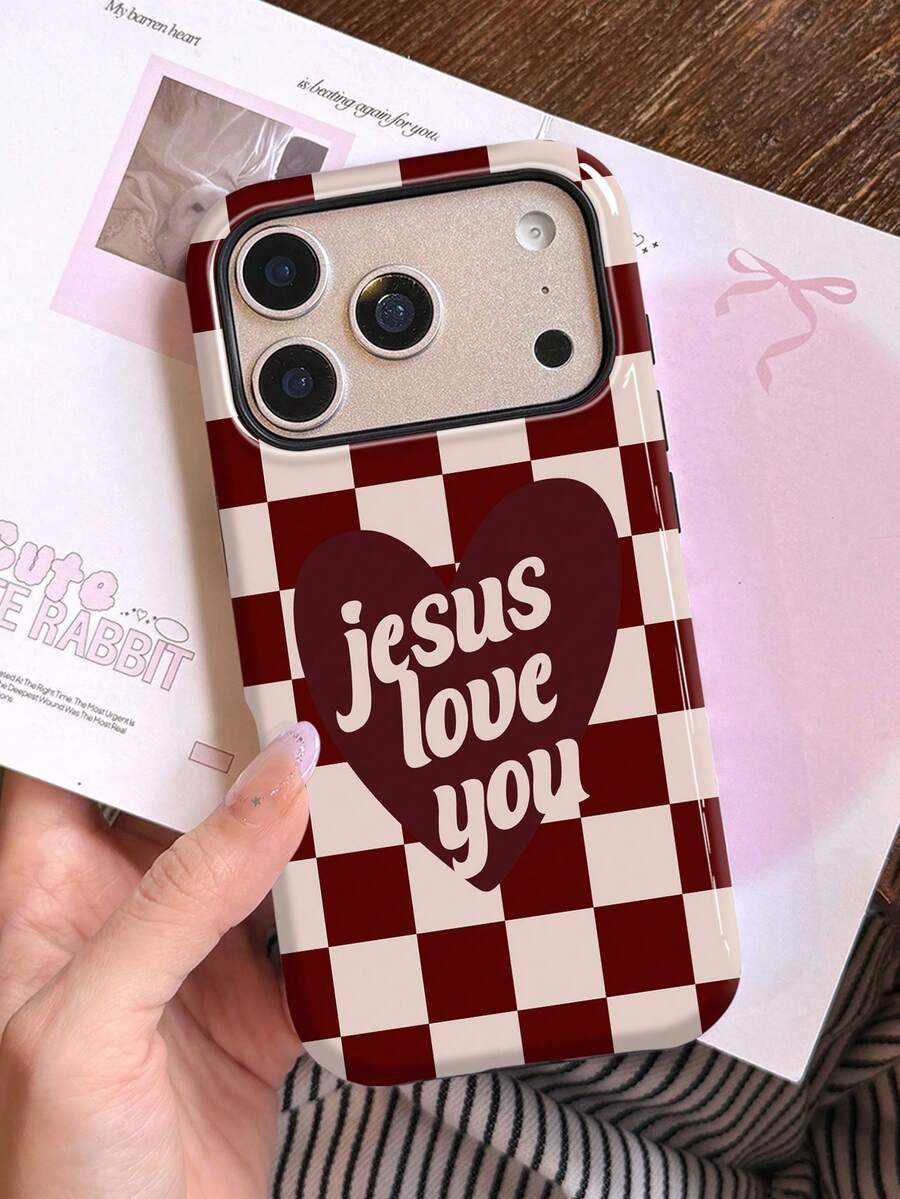 1pc American Retro Sweet & Cool Style Checkerboard Heart English Slogan Pattern Design, Phone 17 Pro Max Phone Case, Compatible With Phone 16 Pro Max, 15 Pro Max, 14 Pro Max, High-End Fashionable & Fun Phone Case, Suitable For 11/12/13/14/15/16/17 Pro Max Plus, Elegant Design For Men And Women, Perfect Gift For Friends, Besties On Holidays, Birthdays, Daily Life, Anniversaries! - Multicolor - View 1