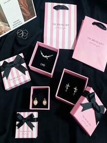 Cardboard Jewelry Gift Box | Pink Square Gift Box With White Stripes, Suitable For Rings, Badges, Brooches, Earrings Display - Multicolor - View 1