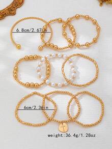 9pcs/Set Women's Gold Multi-Layer Beaded Bracelet Set, Faux Pearl And Gold Round Bead Combination Design, Minimalist Fashion Layering Style, Versatile Daily Wrist Accessory - 9-piece Set - View 2