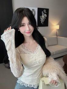 Women's Lace Blouse Inner Layer Long Sleeve Top, Autumn - Apricot - View 4