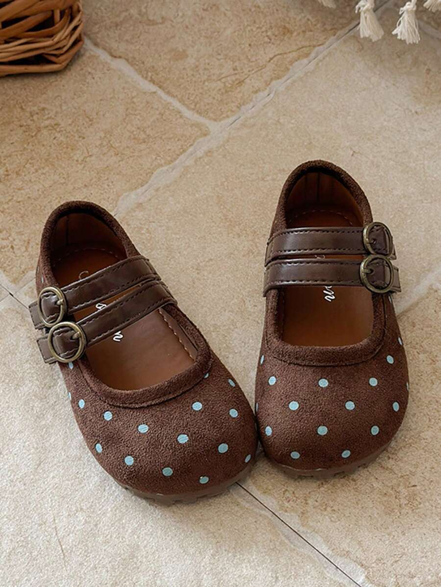 1 Pair Fashion Versatile Faux Suede Polka Dot Girls' Mary Jane Shoes, Double Buckle Strap Design, Princess Shoes, Performance Shoes, Retro Korean Style, Suitable For Toddlers, Daily Wear, Spring And Autumn - Brown - View 1