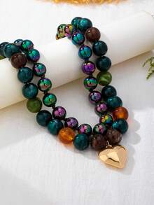 OABE 2pcs/Set Kalung Berlapis Manik-Manik Bulat Berwarna Gelap Gaya Bohemian dengan Liontin Hati Emas, Cocok untuk Pemakaian Sehari-hari Wanita - MultiWarna - View 6