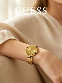Guess Women's Luxury Letter Print Quartz Watch, All Gold Round Case, Champagne Dial With Embossed Logo Pattern, Decorative Chain Metal Strap, Elegant Daily Wristwatch - one-size - View 4