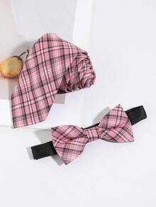 1 Set Men's Fashion Casual Pink Plaid Collar & Bow Tie Combination Set, Suitable For Wedding, Party, Gathering, Suit & Formal Wear - Multicolor - View 6